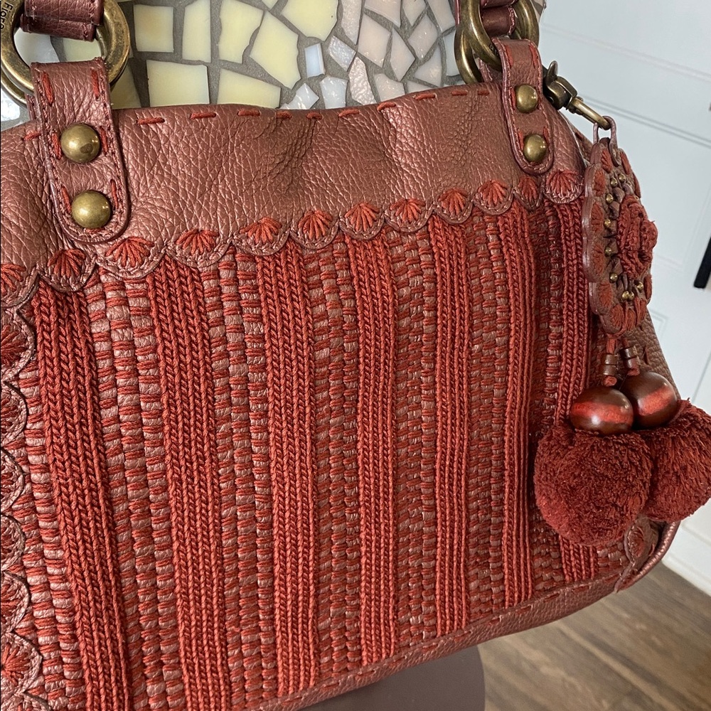 Isabella Fiori Large Shimmery Rust Leather/Knit Pom Tassel Satchel/Hobo Bag - Picture 3 of 11